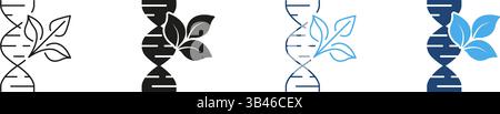 DNA Helix avec Leaf Line et Silhouette Icon Set. Modification génétique en science et biologie des plantes. Biotechnologie et génie génétique. Isolé Illustration de Vecteur