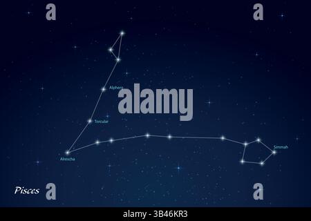 Constellation de poissons avec des étoiles étiquetées dans un ciel nocturne lumineux rempli d'étoiles. Illustration de Vecteur