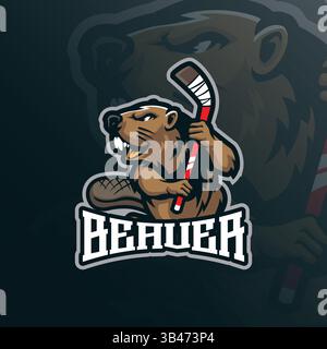 Vecteur de conception de logo de mascotte Beaver avec style de concept d'illustration moderne pour l'impression de badge, d'emblème et de t-shirt. Illustration de hockey de castor avec bâton Illustration de Vecteur