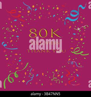 Merci aux followers label badge thème de couleur dorée isolé sur fond rose. 80k followers. Illustration vectorielle de message d'accueil. Illustration de Vecteur