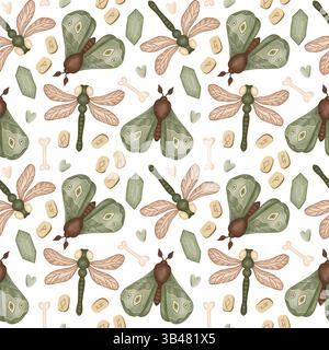 Motif sans couture Green Moth et Dragonfly dans le style Boho Cottagecore Banque D'Images