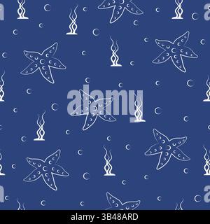 Mignons animaux de bande dessinée océanique et le motif de croquis de poissons. Fond de modèle sans couture avec des caractères 2d sous-marins. Texture sans fin vectorielle pour PA numérique Illustration de Vecteur