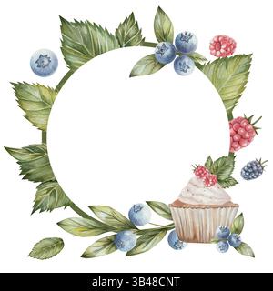 Cadre rond avec des feuilles vertes, cupcake aux framboises, bleuets, espace pour le texte. le design charmant est parfait dans les invitations, les cartes, les modèles de recettes, les annonces d'anniversaire, la papeterie de mariage. Banque D'Images