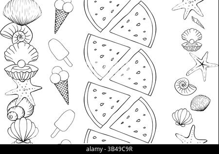 Crème glacée, tranches de pastèque, ensemble de bordure verticale sans couture de coquillages. Illustration vectorielle d'encre de ligne graphique. Pour poster de vacances, invitatio partie de plage Illustration de Vecteur