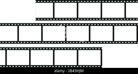 Ensemble de quatre modèles de bande de film vide horizontale en couleur noire isolé sur fond blanc, conçu pour les cadres photo, le cinéma ou le contenu visuel la Illustration de Vecteur