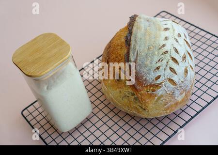 Vue de dessus classique tartine de pain artisanal et levain de blé dans des pots. Placer pour le texte. Banque D'Images