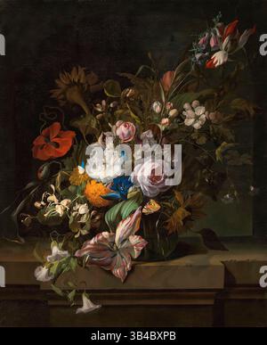 Rachel Ruysch, tulipes, rose, chèvrefeuille, fleur de pomme, coquelicots, et autres fleurs dans un vase en verre avec un papillon sur un rebord de marbre, peinture de natures mortes à l'huile sur toile, 1691-1694 Banque D'Images