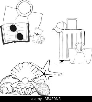 Ensemble de composition essentiels de plage. Encre de ligne graphique vectorielle isolée. mauvais avec livre, lunettes de soleil, coquillages, valise et casquette. illustration de l'emballage, Illustration de Vecteur