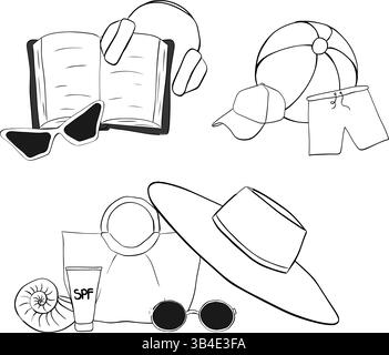 Ensemble de composition essentiels de plage. Encre de ligne graphique vectorielle isolée. livre, écouteurs, lunettes de soleil, sac de plage, short, casquette, boule. Bannière, affiche, emballage Illustration de Vecteur
