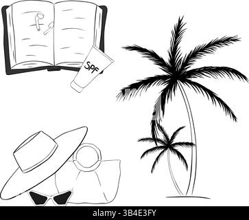 Ensemble de composition essentiels de plage. Encre de ligne graphique vectorielle isolée. livre, crème spf, chapeau, sac de plage, lunettes de soleil, palmiers. Bannière, affiche, emballage Illustration de Vecteur