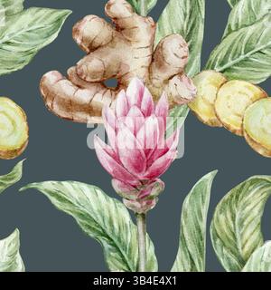 Fond botanique aquarelle sans couture fait à la main avec des feuilles de racine de gingembre et des fleurs sur un fond vert foncé Banque D'Images