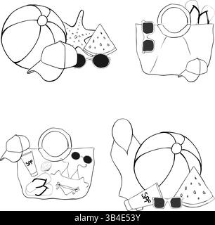 Ensemble de composition essentiels de plage. Encre de ligne graphique vectorielle isolée. ballon de plage, casquette, sac, lunettes de soleil, maillot de bain, crème spf. fond pour les bannières, pri Illustration de Vecteur