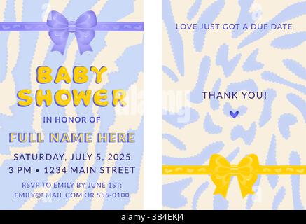 Modèle d'invitation de douche de bébé et carte de remerciement. Carte de douche de bébé double face dans le style y2k, paquet de fête avec face avant et arrière. Vecteur défini avec YE Illustration de Vecteur