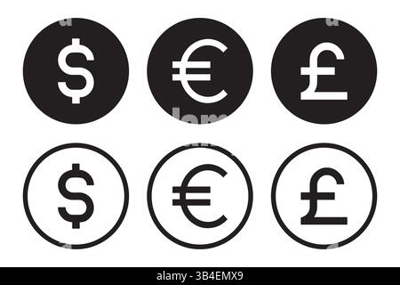 Ensemble d'icônes de devise noir et blanc. Dollar, euro, livre argent illustration vectorielle d'icône sur fond blanc Illustration de Vecteur