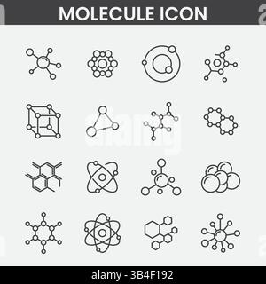 Ensemble d'icônes de structure moléculaire minimaliste : symboles chimiques, modèles atomiques et diagrammes scientifiques en noir et blanc Illustration de Vecteur