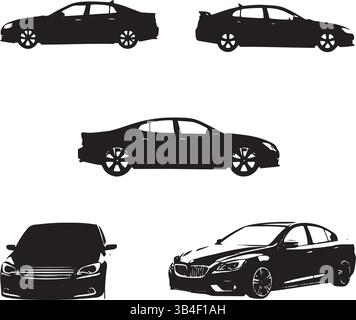 Collection voiture Silhouette – modèles de véhicules minimalistes noirs sous différents angles pour les illustrations automobiles et de transport Illustration de Vecteur