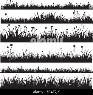 Silhouettes de bordure d'herbe – illustrations vectorielles en noir et blanc de bords botaniques et d'éléments de conception de la nature sauvage Illustration de Vecteur