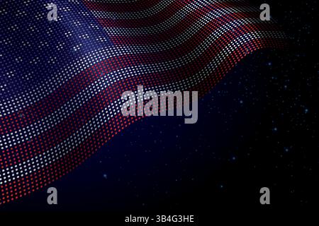Drapeau numérique des États-Unis fait de points, ondulant sur un fond sombre étoilé Illustration de Vecteur