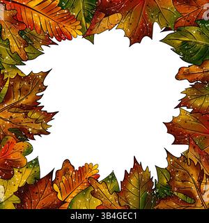 Cadre carré avec de belles feuilles colorées d'automne vert, jaune, orange et brun Banque D'Images