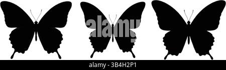 Silhouettes de trois papillons dans une rangée horizontale sur un fond blanc, motifs d'insectes noirs symétriques idéaux pour les bordures décoratives, les impressions Illustration de Vecteur
