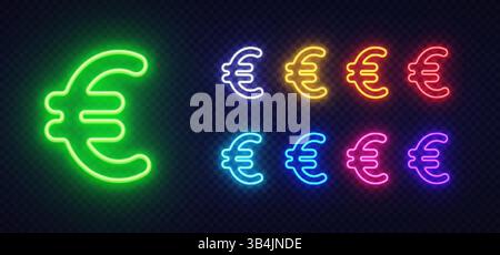 Signe euro au design fluo avec une version verte audacieuse et cinq doublons de couleurs vives. La lueur électrique apparaît sur le fond en pointillés foncés. Illustration de Vecteur