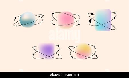Illustration vectorielle. Formes abstraites 3D colorées avec des lignes d'étoiles en orbite sur un fond clair. Dégradé pastel doux. Elément de conception pour affiche Illustration de Vecteur