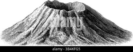 Illustration gravée complexe du volcan avec des lignes noires audacieuses. Illustration de Vecteur
