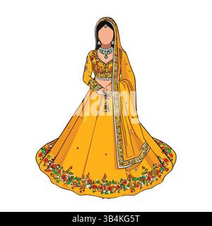 Dessin animé de couple indien mignon vecteur dans la robe traditionnelle posant pour la conception de carte d'invitation de mariage. Modèle de carte d'invitation de mariage floral indien pour H. Illustration de Vecteur
