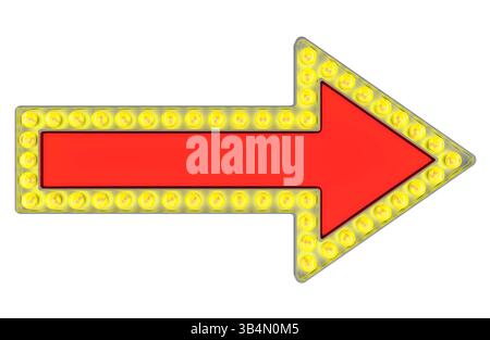 Panneau de signe de flèche rouge vierge avec ampoules rétro, rendu 3D. Rendu 3D isolé sur fond blanc Banque D'Images