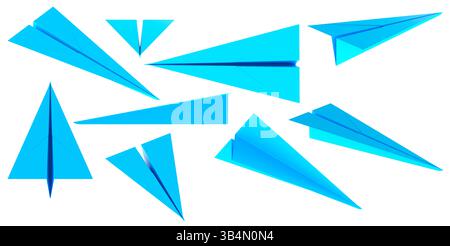 Collection d'avions en papier fait à la main. Ensemble d'avions en papier, différentes vues et angles. Rendu 3D isolé sur fond blanc Banque D'Images