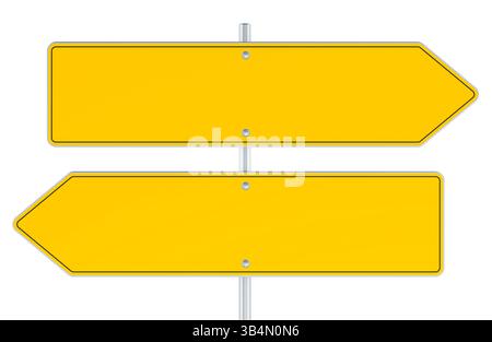 Deux flèches vides de signalisation routière jaune, panneaux de signalisation opposés, rendu 3D isolé sur fond transparent Banque D'Images