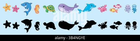 Un ensemble d'illustrations et de silhouettes d'animaux marins. Éléments vectoriels des habitants marins Illustration de Vecteur
