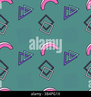 Motif géométrique sans couture avec des formes abstraites comme des arcs, des triangles, des carrés et des carrés en pointillés sur un fond turquoise. Parfait pour rétro an Illustration de Vecteur