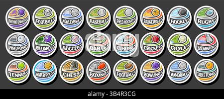 Vector Sport logos Set, groupe d'étiquettes simples avec des balles volantes sur la trajectoire courbe, collection d'étiquettes de sport blanches de conception de dessin animé avec équipement de jeu Illustration de Vecteur