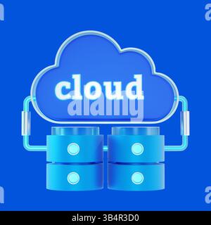 Icône 3D du cloud computing connecté à un bâtiment serveur. Banque D'Images