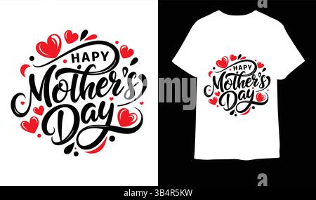Joyeuse fête des mères typographie et calligraphie silhouette noire avec de minuscules coeurs rouges sur fond blanc propre. ressource graphique pour la conception de t-shirts. Illustration de Vecteur