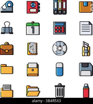 Ensemble d'icônes de matériel de bureau - collection de travail, papeterie et outils d'affaires Illustration de Vecteur