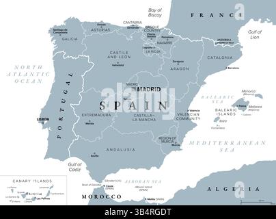 Espagne, communautés autonomes, carte politique grise. Divisions administratives avec une autonomie limitée à 17 communautés autonomes et Ceuta et Melilla. Banque D'Images