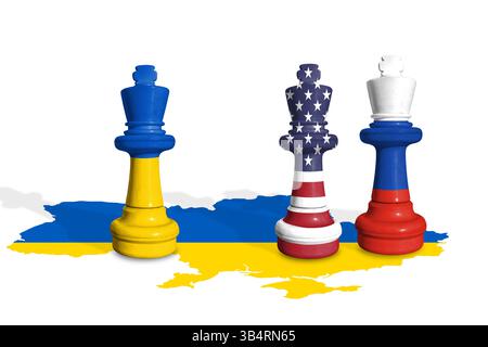 Échecs fabriqués à partir de drapeaux ukrainiens, russes et américains sur une carte de l'Ukraine Banque D'Images
