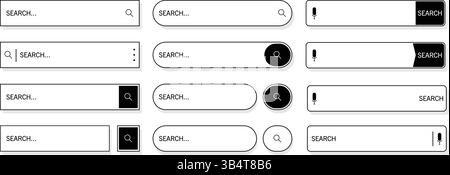 Collection de différents designs de barre de recherche dans des styles noir et blanc avec des icônes, utilisés dans les sites Web et les applications pour l'interface et la navigation Illustration de Vecteur