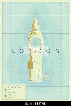 Carte géographique de Londres avec grand ben, légende et coordonnées dessin d'affiche dans le style ancien. Illustration de Vecteur