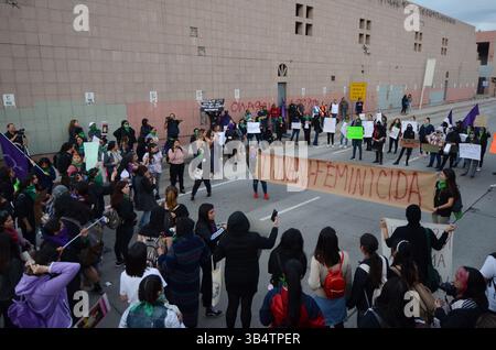 21 février 2020, Tijuana, basse Californie, Mexique : trois groupes distincts de womenâ€™ ont défilé ensemble pour protester à la frontière américano-mexicaine, près du poste de contrôle de San Ysidro-Tijuana à l'entrée de Chaparral, pour attirer l'attention sur la violence contre les femmes, les fémicides, dans la ville de Tijuana. Les flics fédéraux, municipaux et la garde nationale se sont rassemblés pour les empêcher d’avancer plus loin dans la région le vendredi 21 février 2020. (Crédit image : © Carlos A. Moreno/ZUMA Press Wire) Banque D'Images
