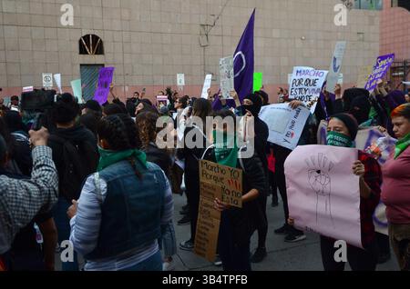 21 février 2020, Tijuana, basse Californie, Mexique : trois groupes distincts de womenâ€™ ont défilé ensemble pour protester à la frontière américano-mexicaine, près du poste de contrôle de San Ysidro-Tijuana à l'entrée de Chaparral, pour attirer l'attention sur la violence contre les femmes, les fémicides, dans la ville de Tijuana. Les flics fédéraux, municipaux et la garde nationale se sont rassemblés pour les empêcher d’avancer plus loin dans la région le vendredi 21 février 2020. (Crédit image : © Carlos A. Moreno/ZUMA Press Wire) Banque D'Images