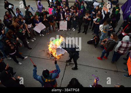 21 février 2020, Tijuana, basse Californie, Mexique : trois groupes distincts de womenâ€™ ont défilé ensemble pour protester à la frontière américano-mexicaine, près du poste de contrôle de San Ysidro-Tijuana à l'entrée de Chaparral, pour attirer l'attention sur la violence contre les femmes, les fémicides, dans la ville de Tijuana. Les flics fédéraux, municipaux et la garde nationale se sont rassemblés pour les empêcher d’avancer plus loin dans la région le vendredi 21 février 2020. (Crédit image : © Carlos A. Moreno/ZUMA Press Wire) Banque D'Images
