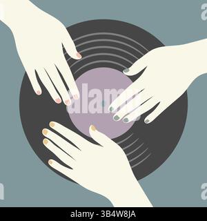Mains féminines sur disque vinyle. Concept de musique rétro avec enregistrement de gramophone. Illustration vectorielle Illustration de Vecteur