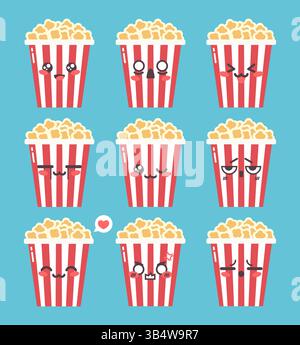 Icônes de caractère de seau de pop-corn mignon avec emoji de style manga. Ensemble emoji mascotte de dessin animé pop-corn. Illustration vectorielle Illustration de Vecteur
