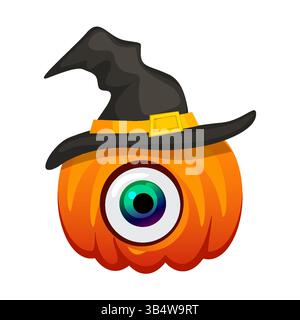 Joli personnage de dessin animé de citrouille d'Halloween portant Un chapeau de sorcière. Illustration vectorielle pour votre carte de voeux de conception, affiche, autocollants ou plus Illustration de Vecteur