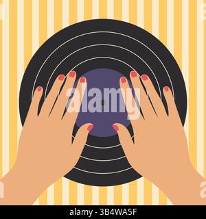 Affiche minimaliste avec des mains féminines sur disque vinyle. Concept musical avec enregistrement de gramophone dans un style rétro. Illustration vectorielle Illustration de Vecteur