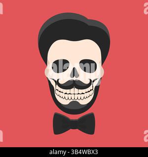 Crâne masculin avec coupe de cheveux, moustache et barbe portant noeud papillon. Logo emblème hipster Gentleman Skull Icon. Illustration vectorielle Illustration de Vecteur