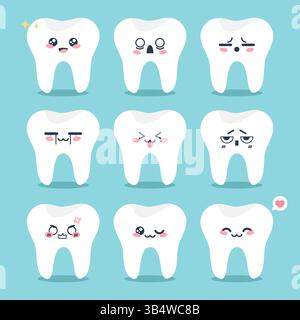 Icônes de personnage de dent mignonne avec emoji de style manga. Set emoji mascotte de dessin animé de dents. Illustration vectorielle Illustration de Vecteur